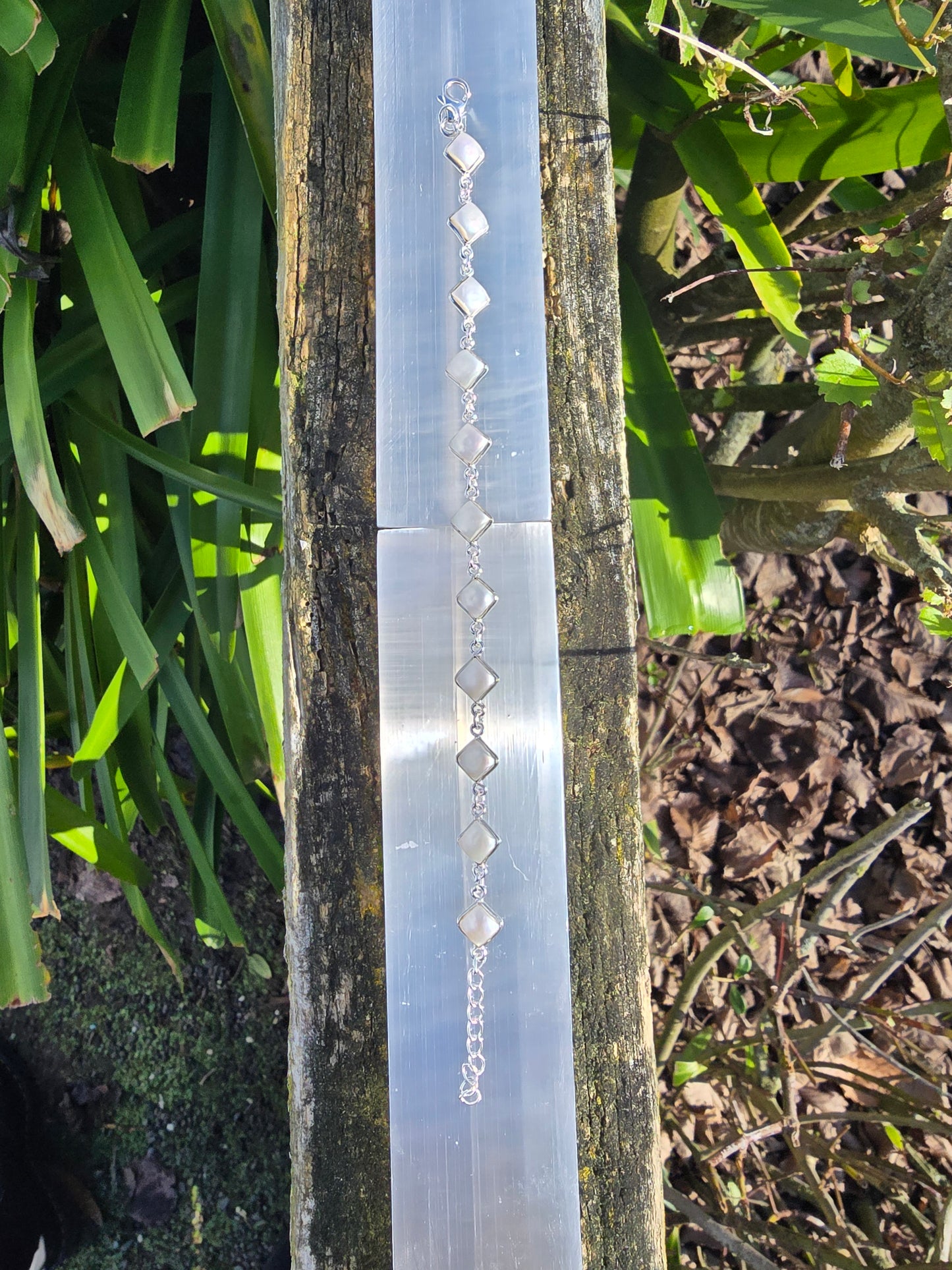 Mother Of Pearl Diamond | Polished Sterling Silver Adjustable Bracelet A