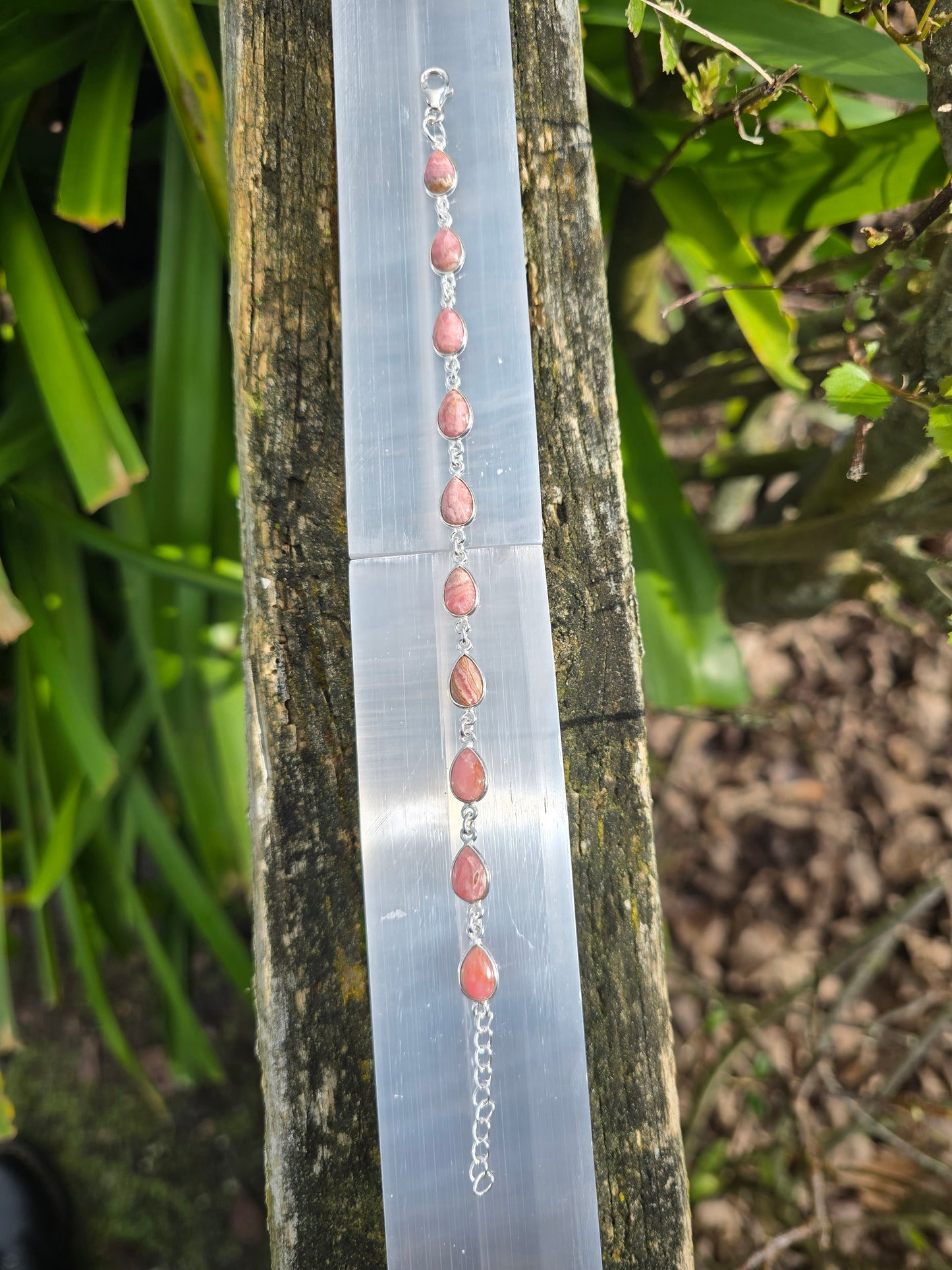 Rhodochrosite Teardrop | Polished Sterling Silver Adjustable Bracelet A