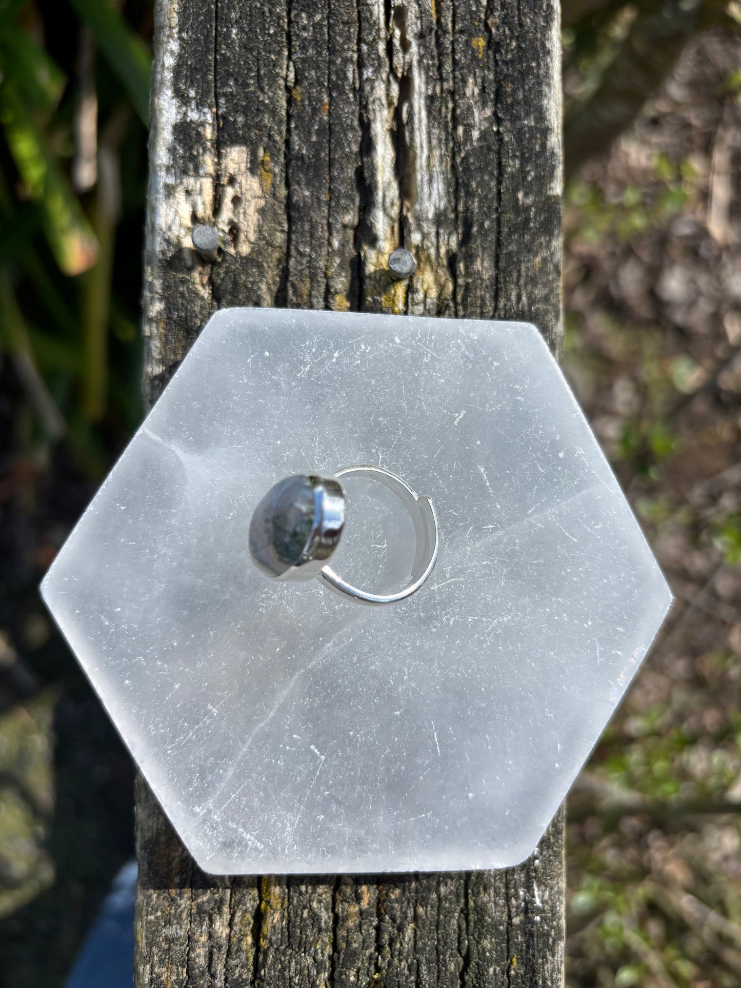 Moss Agate | Polished Sterling Silver Adjustable Ring F