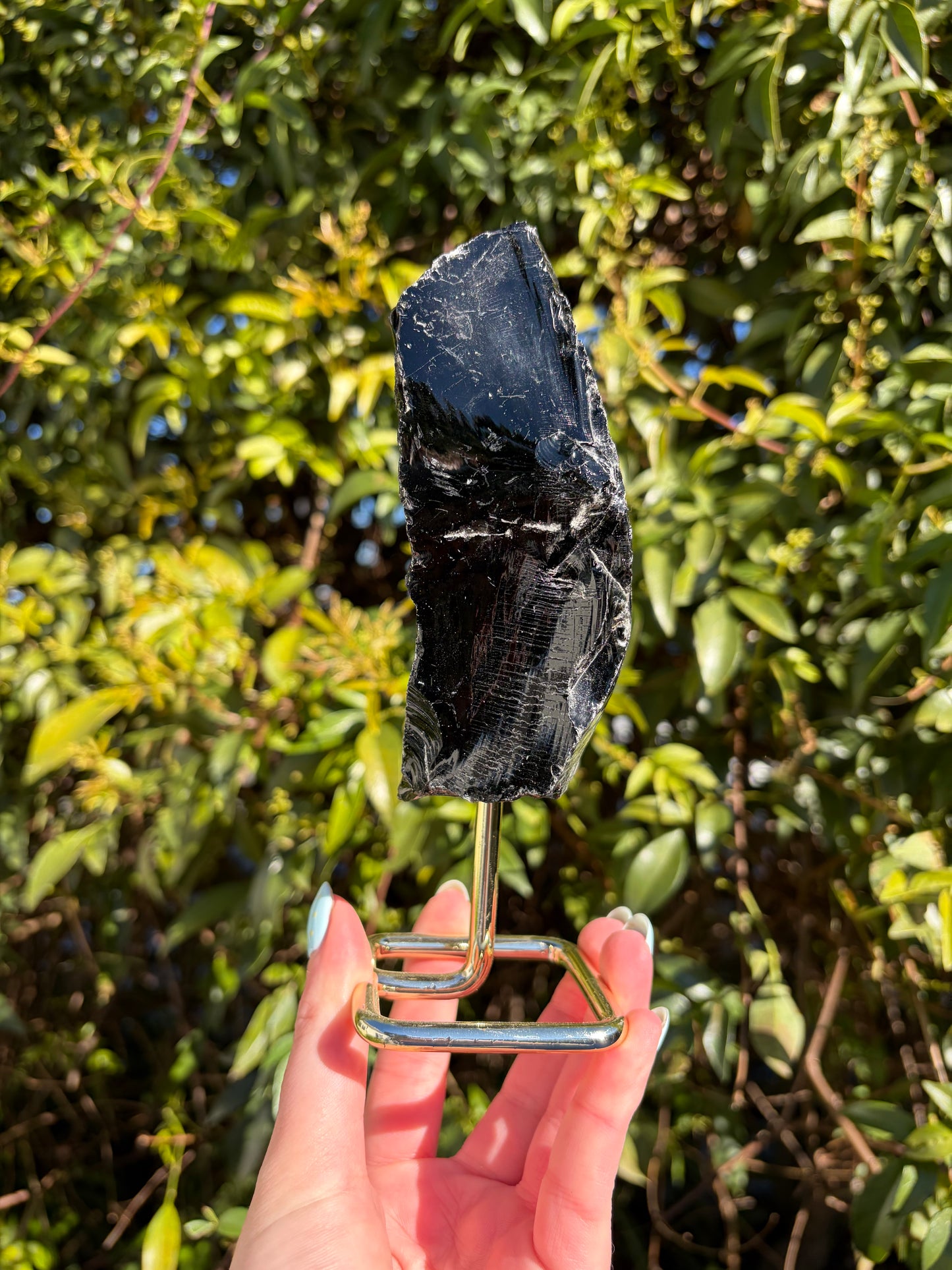 Black Obsidian Rough Piece On Metal Stand A