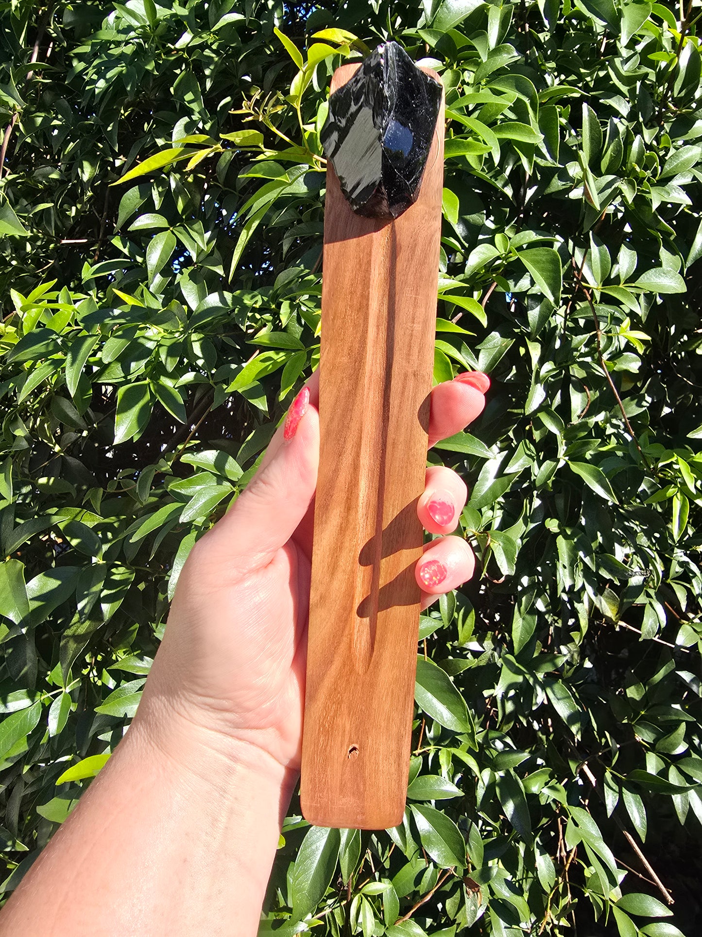Black Obsidian Rough | Wooden Incense Holder