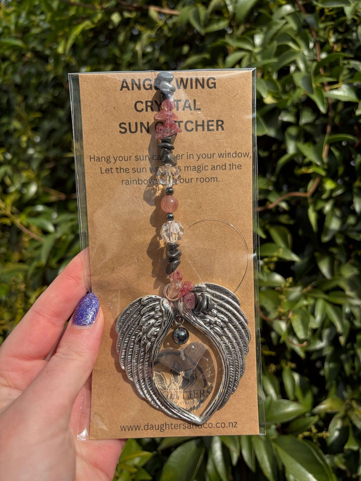 Hematite & Strawberry Quartz | Angel Wing Heart Sun Catcher B