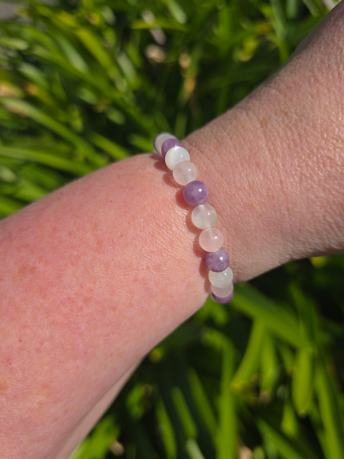 Lepidolite, Rose Quartz & Moonstone | Round Bead Bracelet 6 mm
