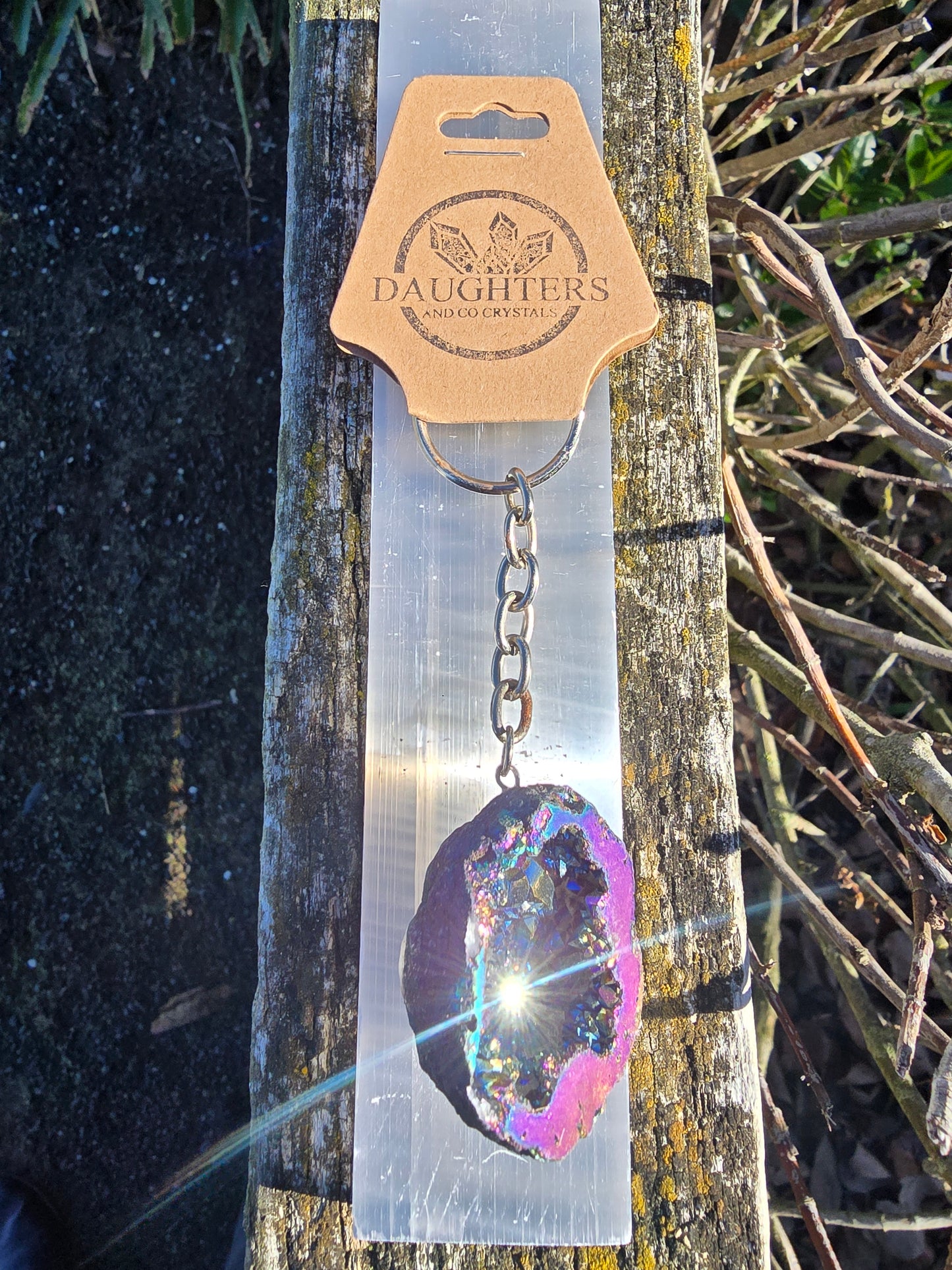 Rainbow Titanium Geode Keyring