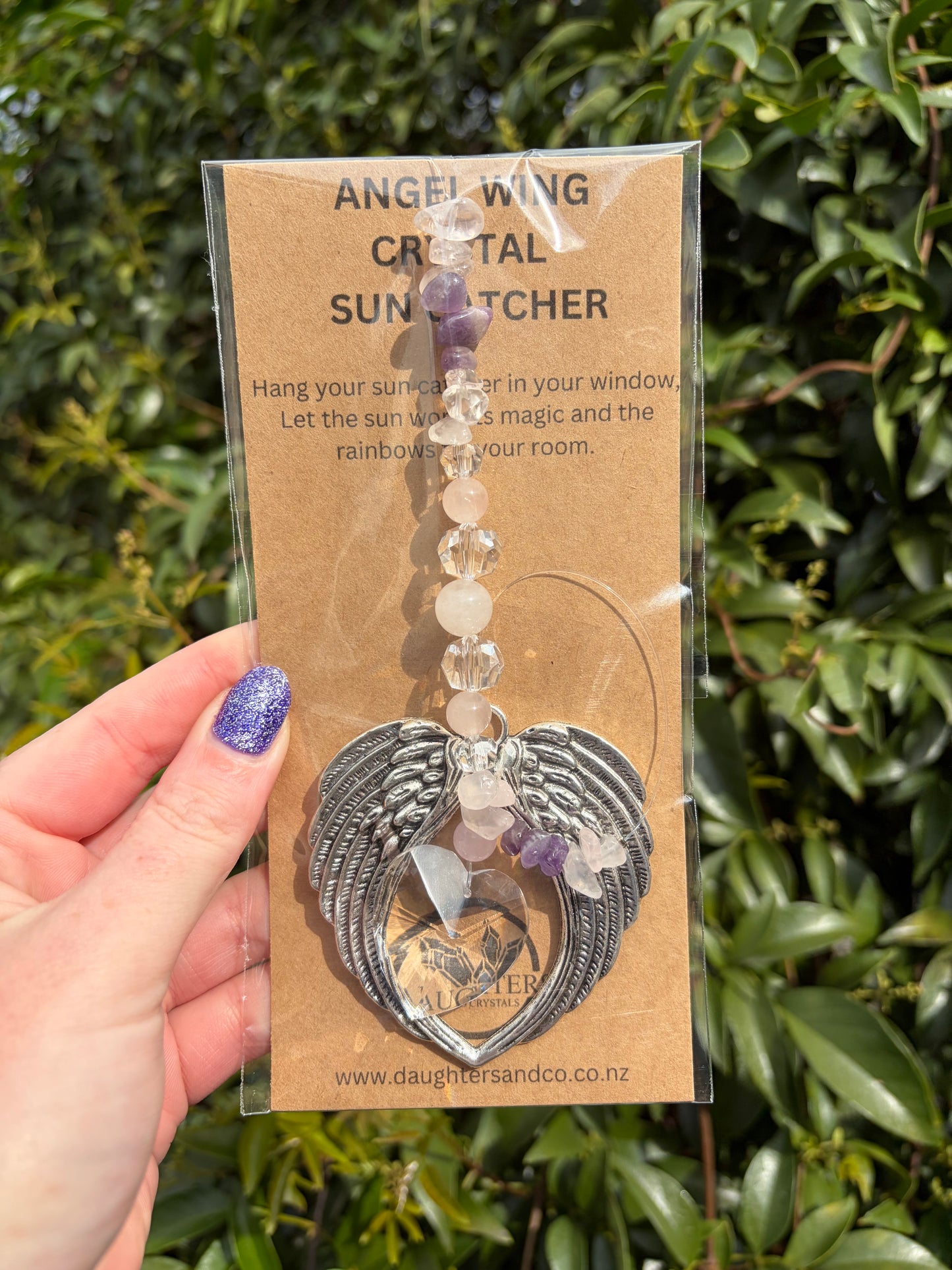Rose Quartz & Amethyst | Angel Wing Heart Sun Catcher A