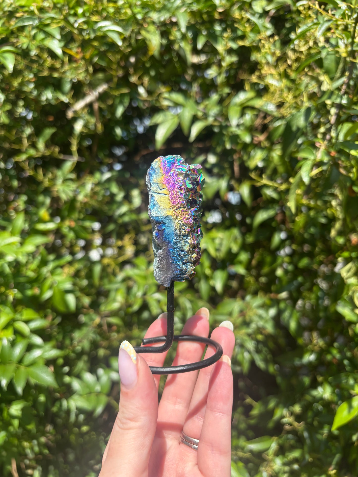 Titanium Aura Quartz Cluster On Metal Stand A