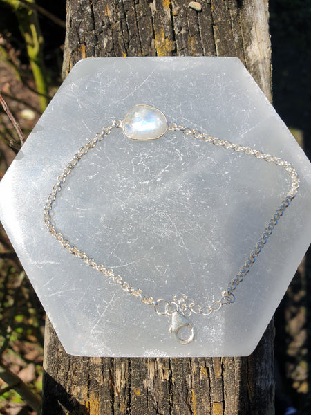 Rainbow Moonstone | Rose Cut Sterling Silver Adjustable Bracelet A