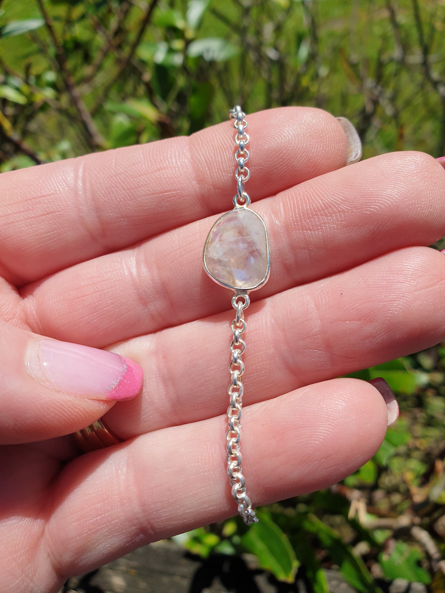 Rainbow Moonstone | Rose Cut Sterling Silver Adjustable Bracelet A