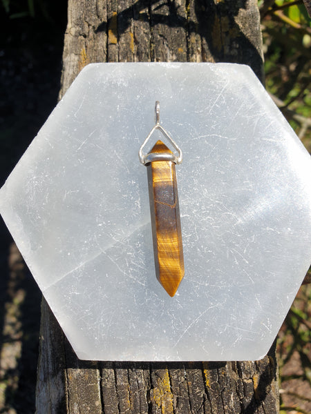 Tigers Eye Large | Sterling Silver Double Terminated Point Pendant