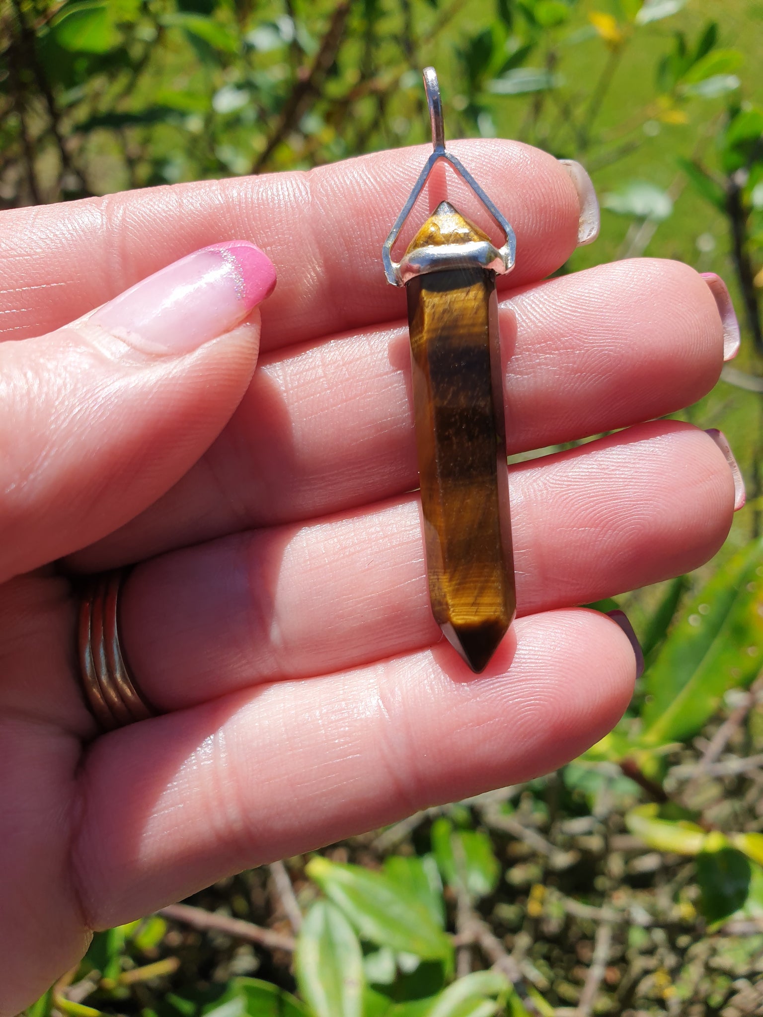 Tigers Eye Large | Sterling Silver Double Terminated Point Pendant