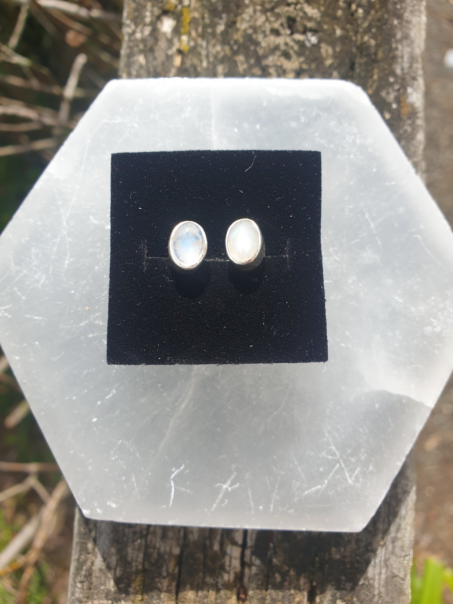 Rainbow Moonstone | Polished Sterling Silver Stud Earrings Oval 8mm