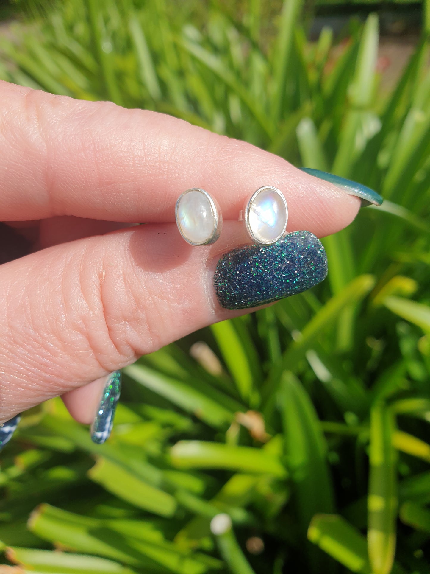 Rainbow Moonstone | Polished Sterling Silver Stud Earrings Oval 8mm