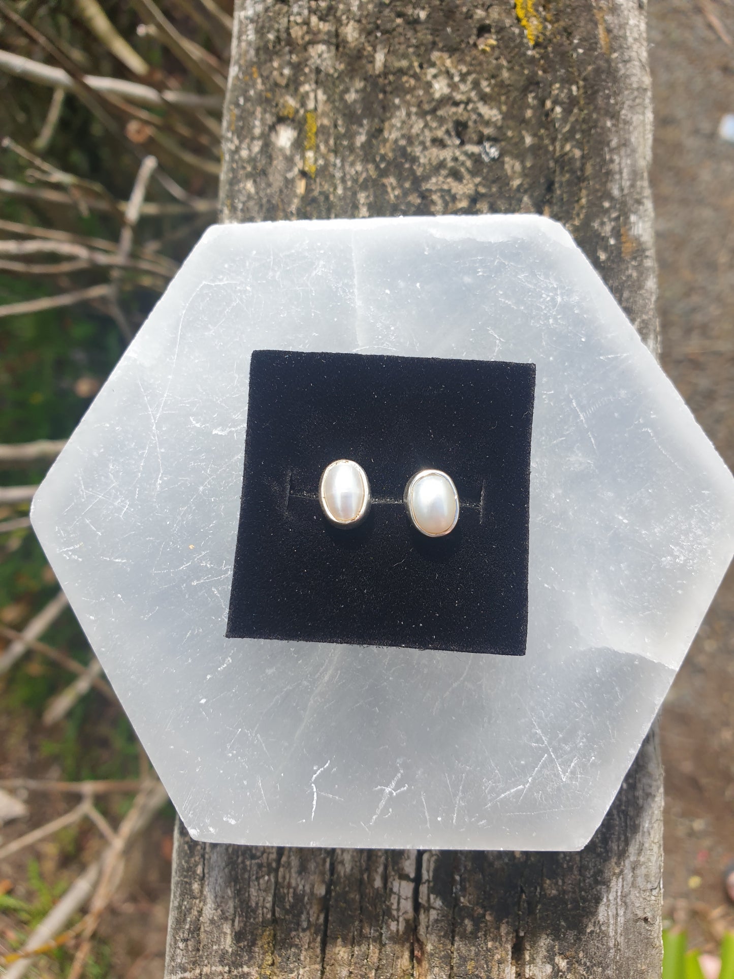 Pearl | Polished Sterling Silver Stud Earrings Oval 8mm