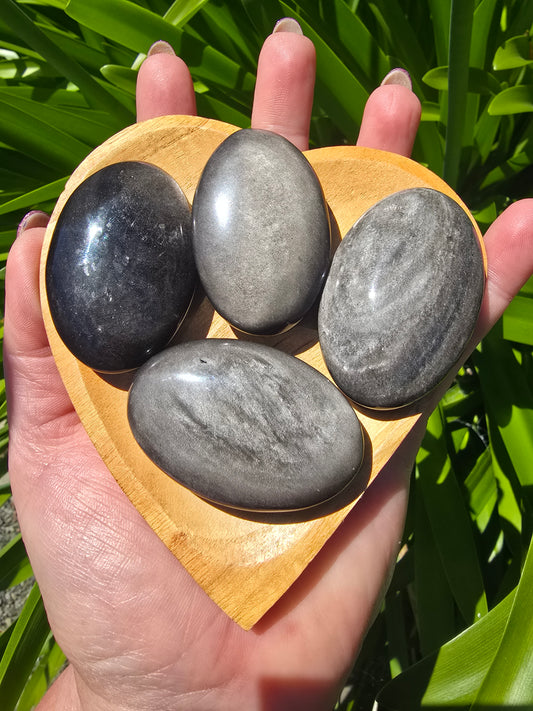 Silver Sheen Obsidian Palm Stone