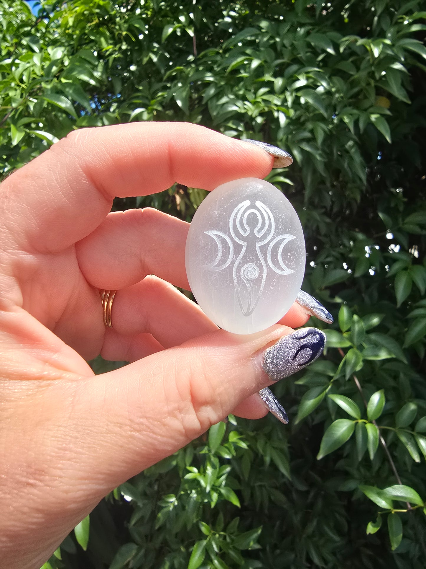 Selenite Mini Palm Stone | Wicca Spiral Goddess