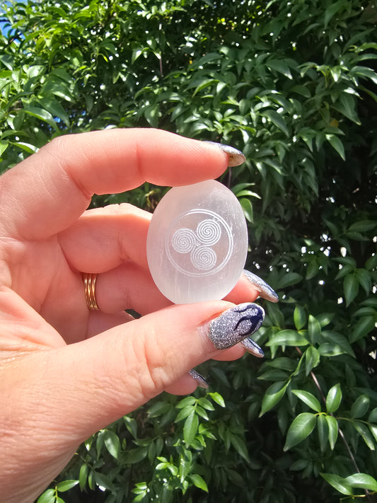 Selenite Mini Palm Stone | Wicca Triple Spiral