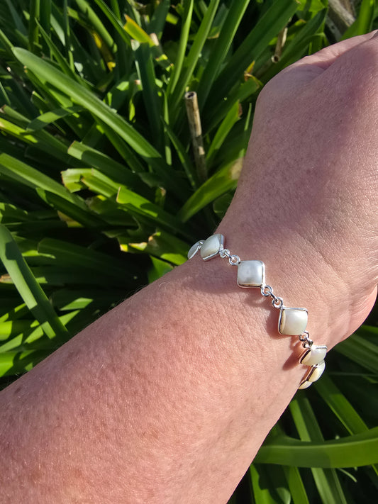 Mother Of Pearl Diamond | Polished Sterling Silver Adjustable Bracelet A