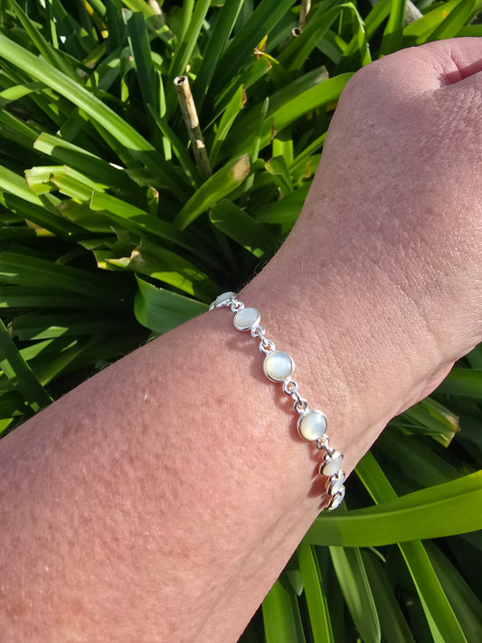 Mother Of Pearl Round | Polished Sterling Silver Adjustable Bracelet C