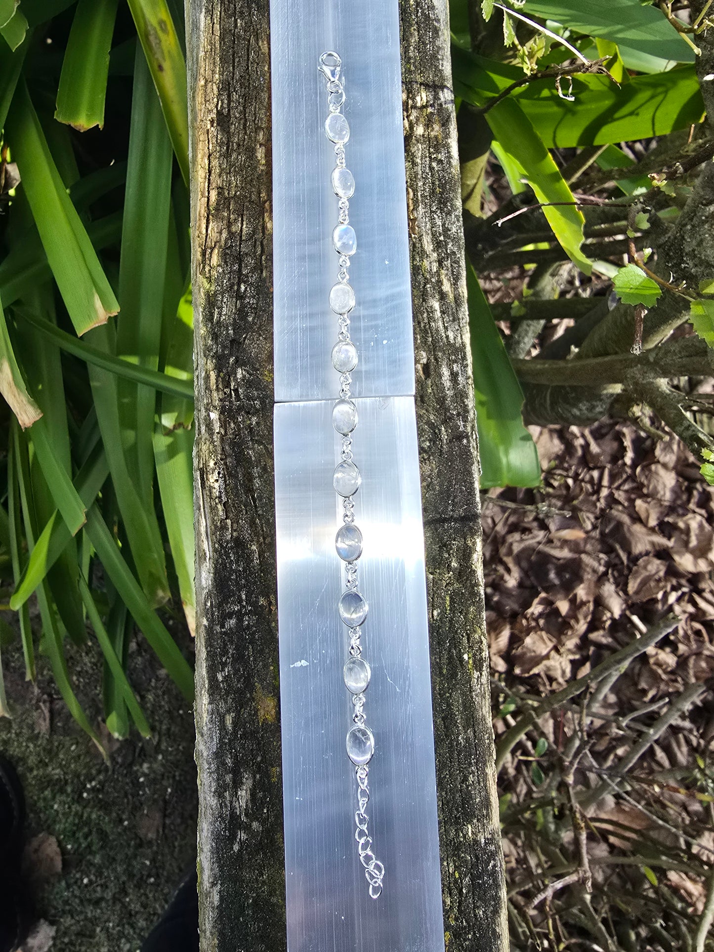 Rainbow Moonstone Oval | Polished Sterling Silver Adjustable Bracelet D