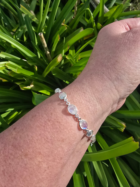 Rainbow Moonstone Oval | Polished Sterling Silver Adjustable Bracelet D
