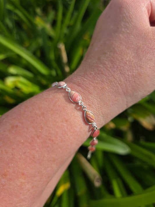 Rhodochrosite Teardrop | Polished Sterling Silver Adjustable Bracelet A