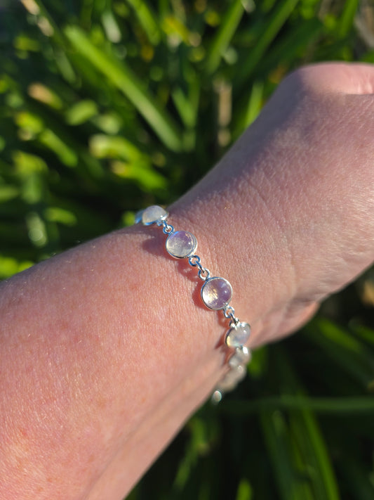 Rainbow Moonstone Round | Polished Sterling Silver Adjustable Bracelet F