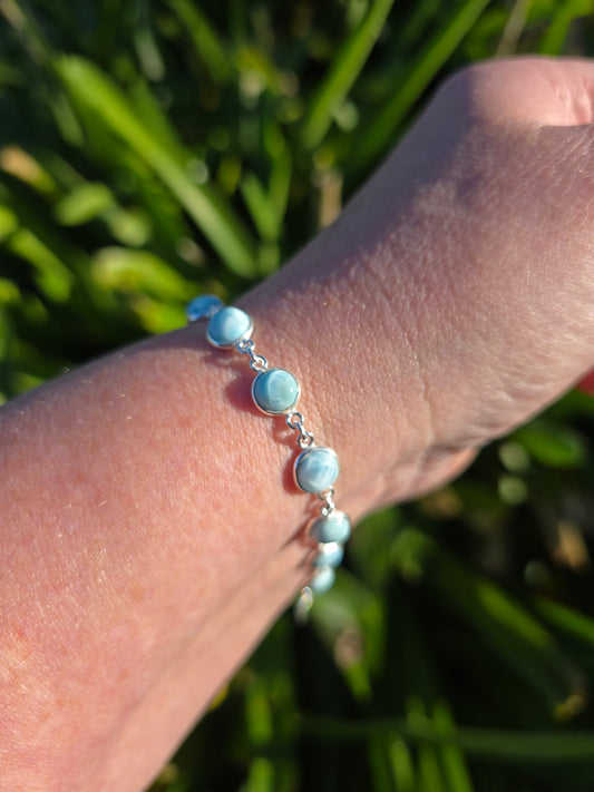 Larimar Round | Polished Sterling Silver Adjustable Bracelet B