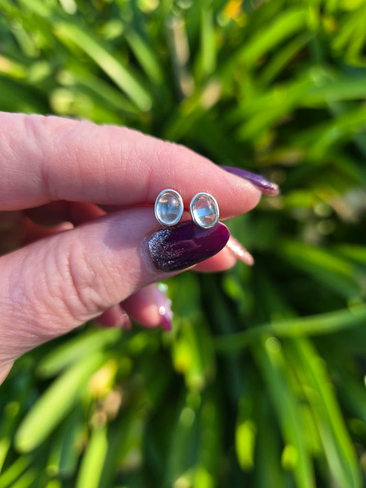 Blue Topaz | Polished Sterling Silver Stud Earrings Oval 8mm