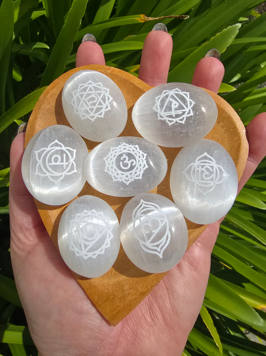 Selenite Chakra Mini Palm Stone Set x7