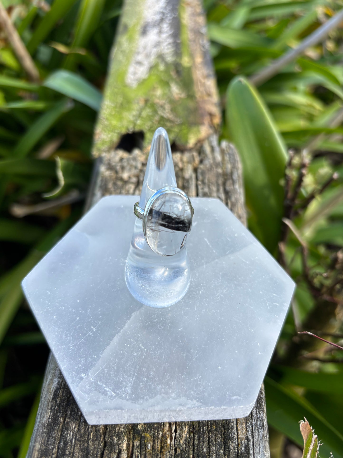 Quartz & Tourmaline | Polished Sterling Silver Adjustable Ring A