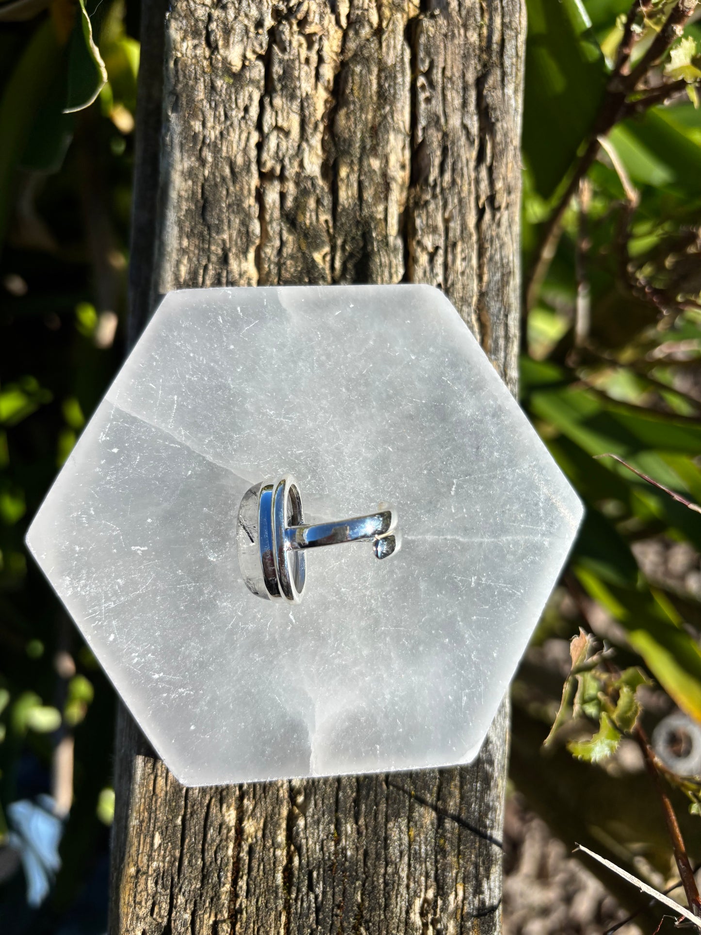 Quartz & Tourmaline | Polished Sterling Silver Adjustable Ring A