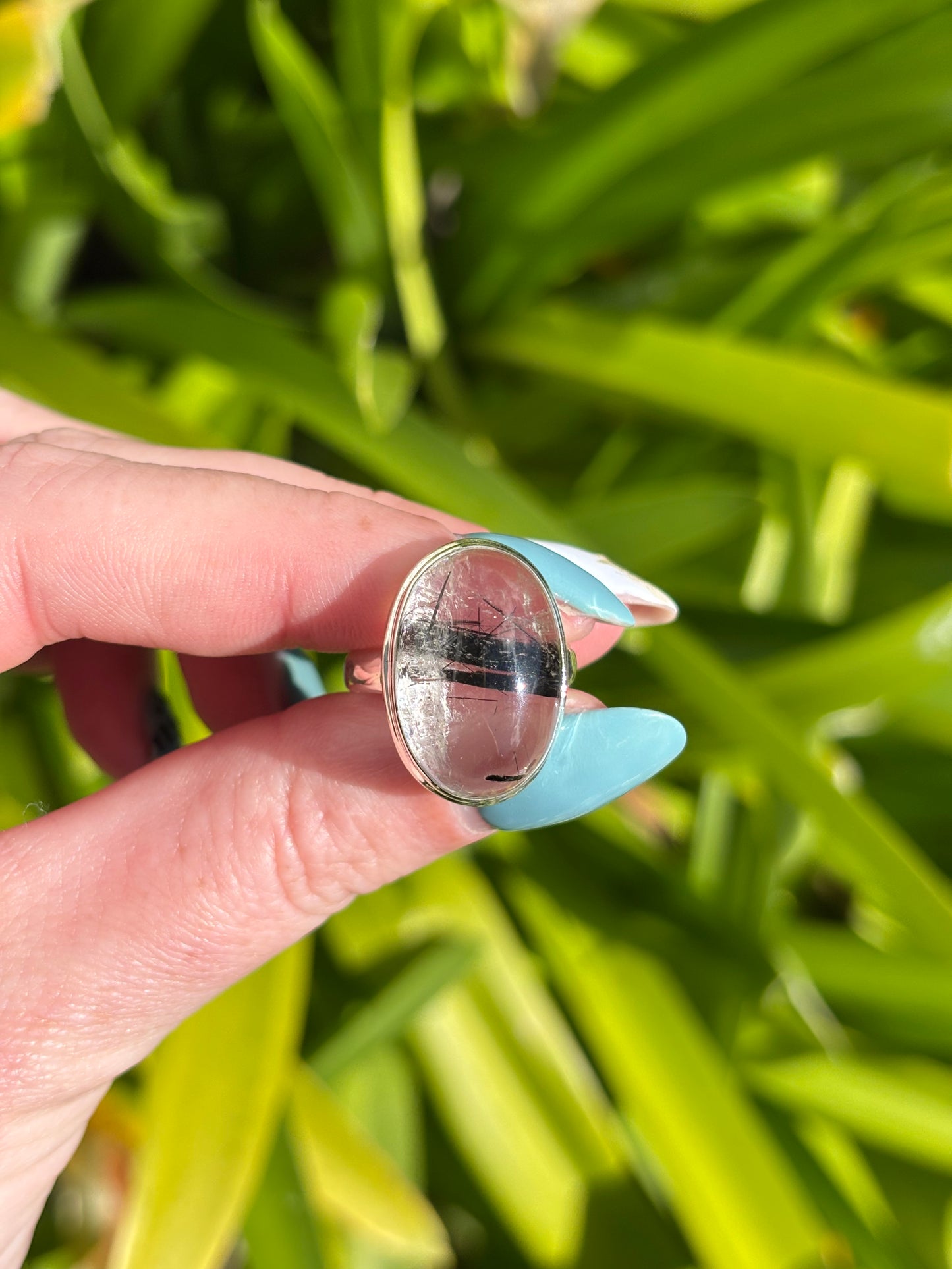 Quartz & Tourmaline | Polished Sterling Silver Adjustable Ring A