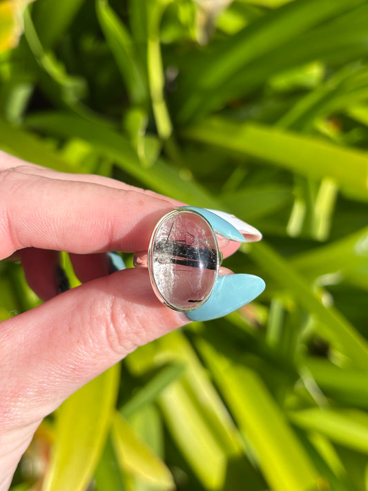 Quartz & Tourmaline | Polished Sterling Silver Adjustable Ring A