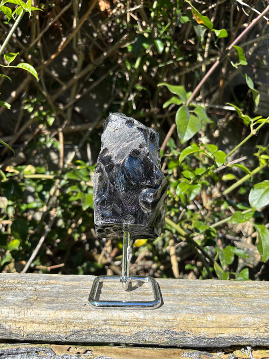Black Obsidian Rough On Metal Stand