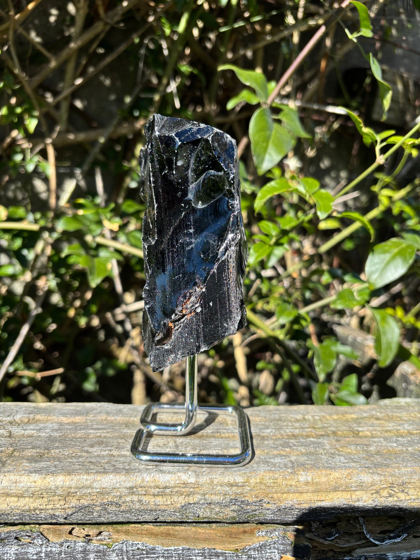 Black Obsidian Rough On Metal Stand