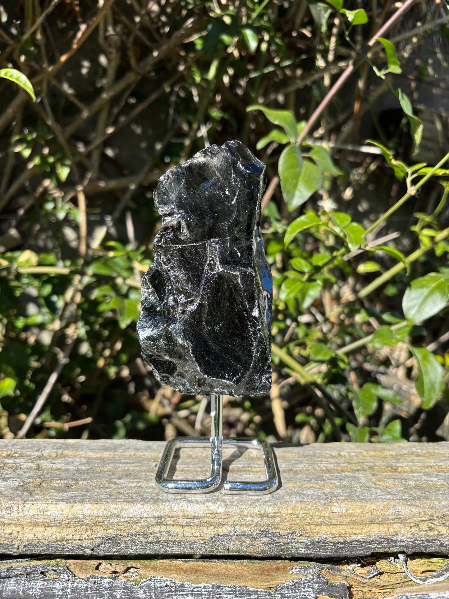 Black Obsidian Rough On Metal Stand