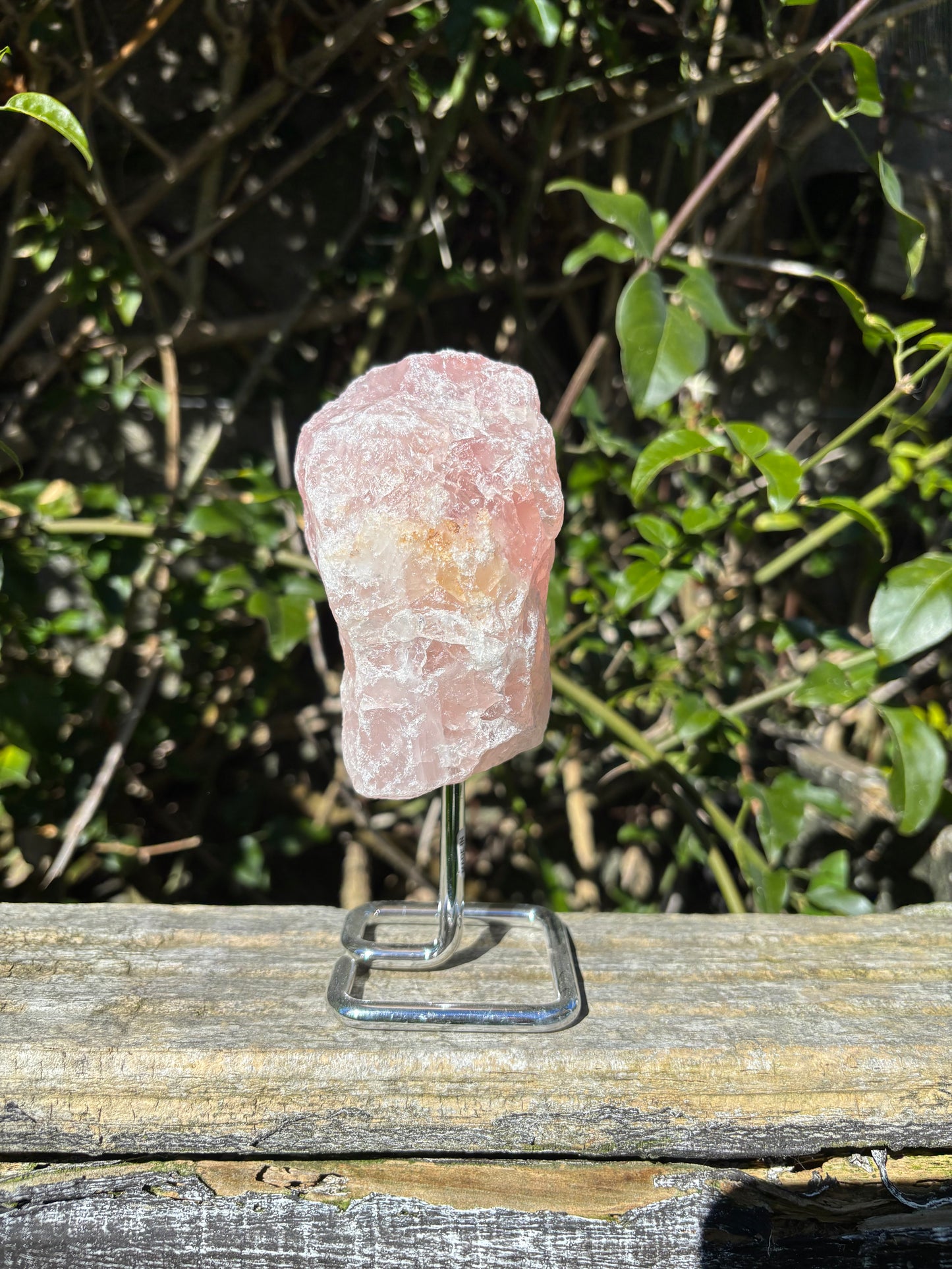 Rose Quartz Rough On Metal Stand B