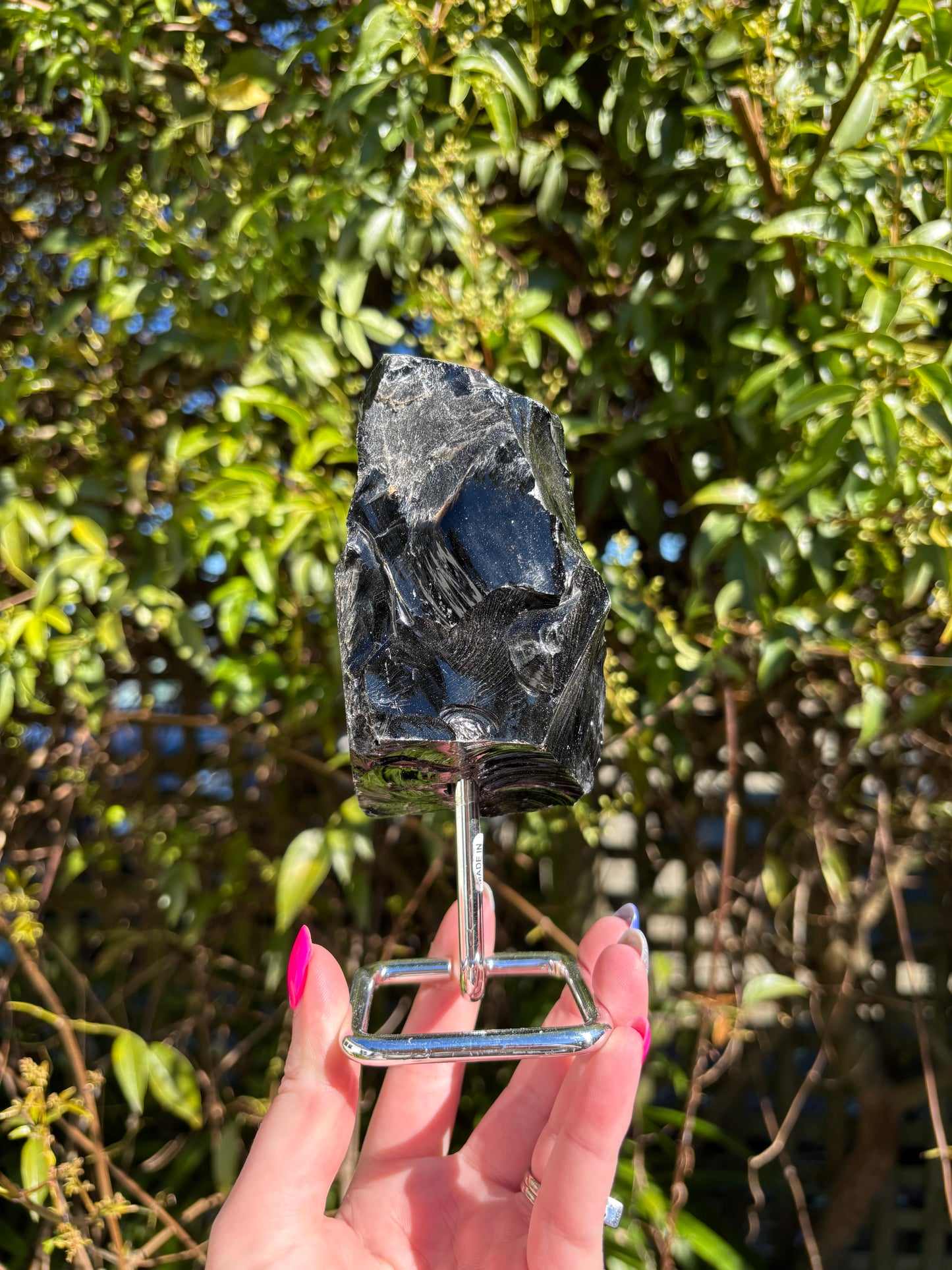 Black Obsidian Rough On Metal Stand
