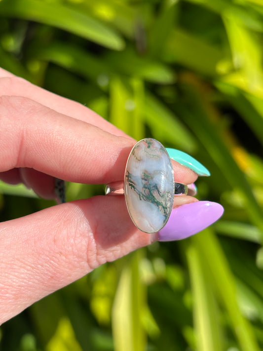 Moss Agate | Polished Sterling Silver Adjustable Ring C