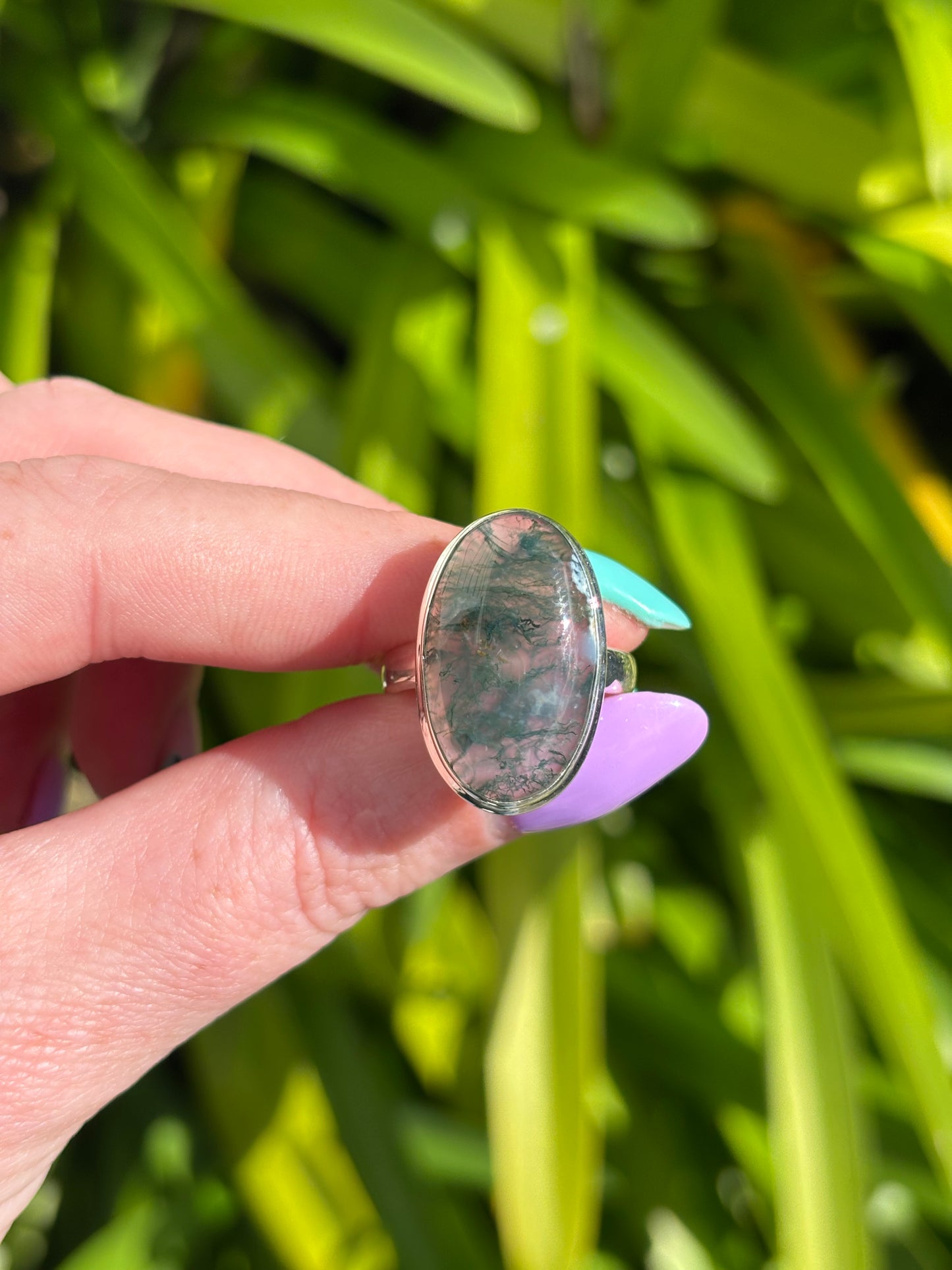 Moss Agate | Polished Sterling Silver Adjustable Ring D