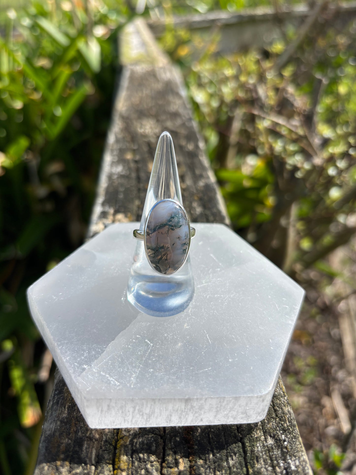 Moss Agate | Polished Sterling Silver Adjustable Ring F