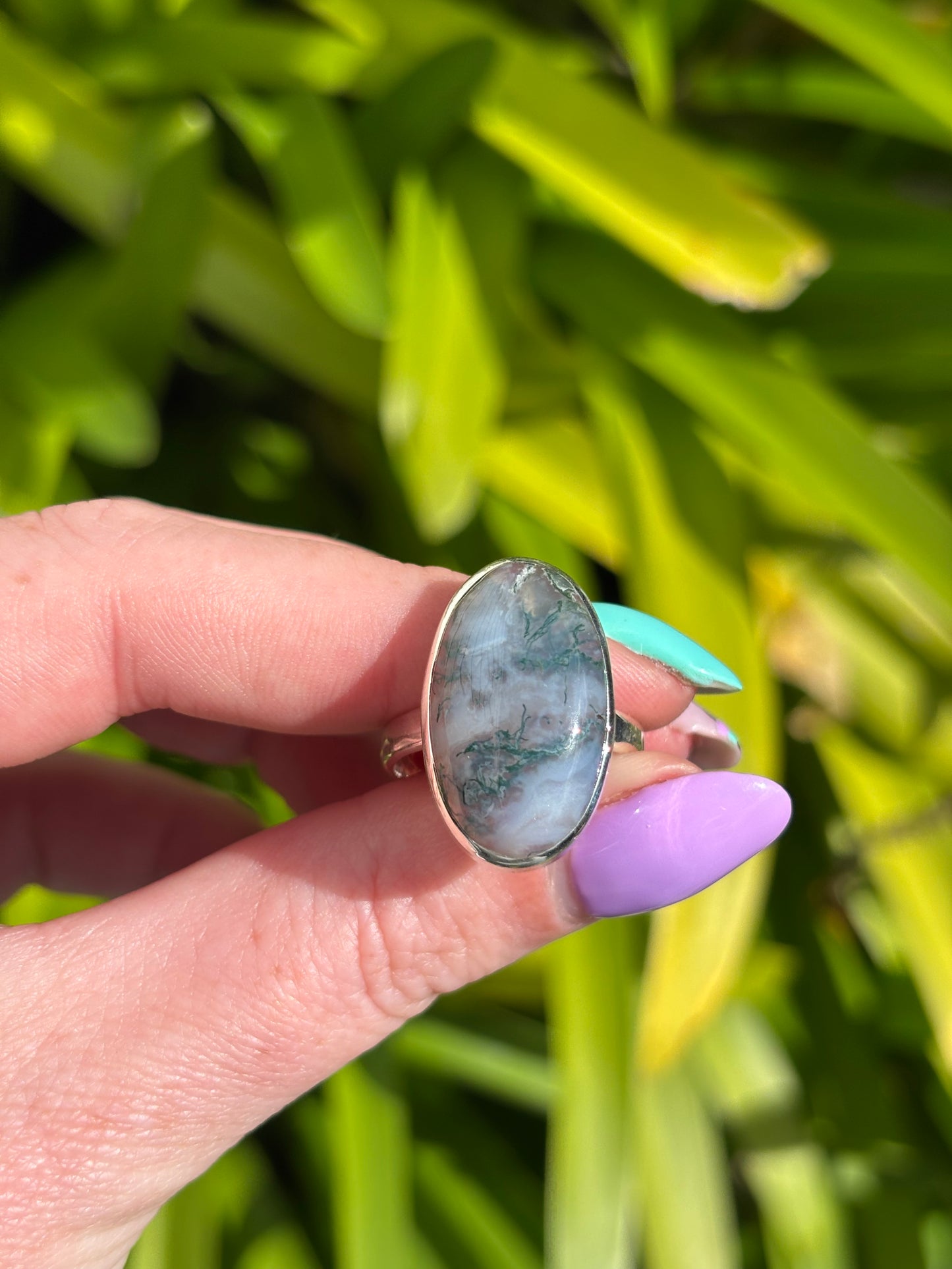 Moss Agate | Polished Sterling Silver Adjustable Ring F