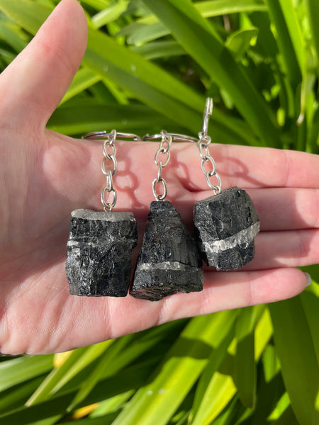 Black Tourmaline Rough Crystal Keyring