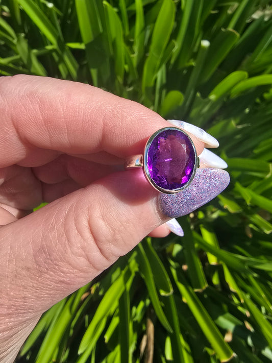 Amethyst | Faceted Sterling Silver Adjustable Ring C
