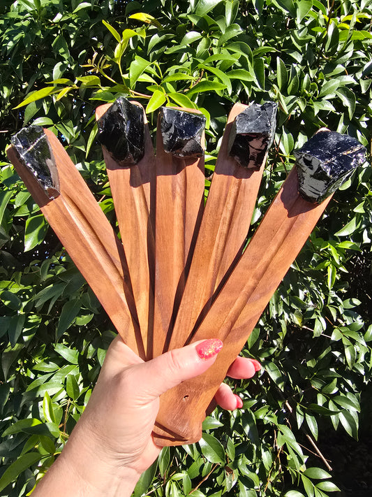 Black Obsidian Rough | Wooden Incense Holder