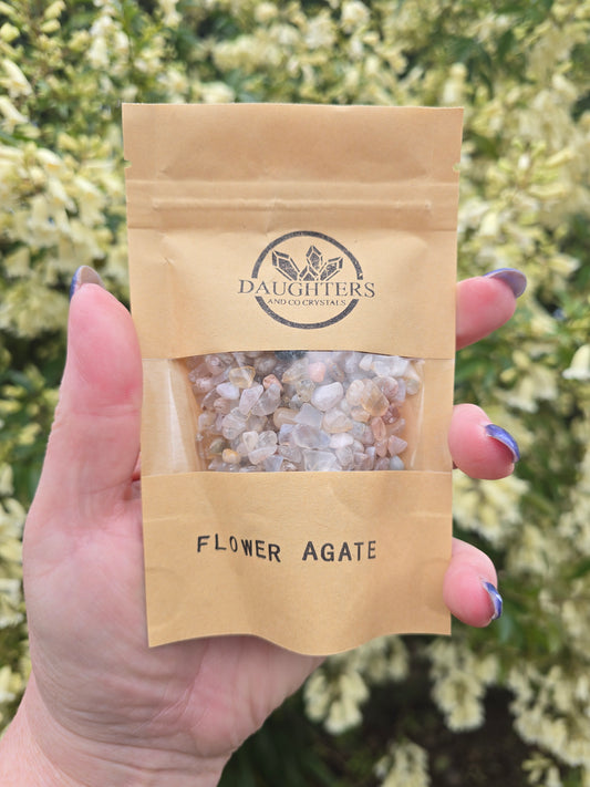 Flower Agate Crystal Chip 100 gms Bag