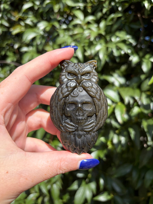 Gold Sheen Obsidian Owl Skull Carving