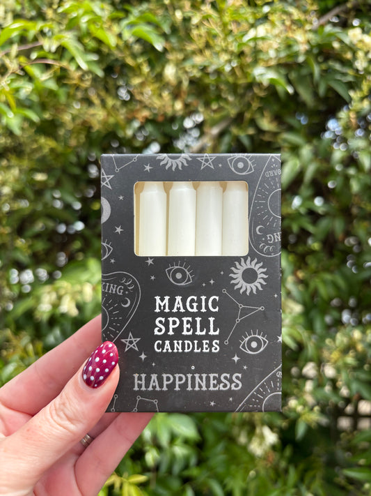 White HAPPINESS Magic Spell Candles x12