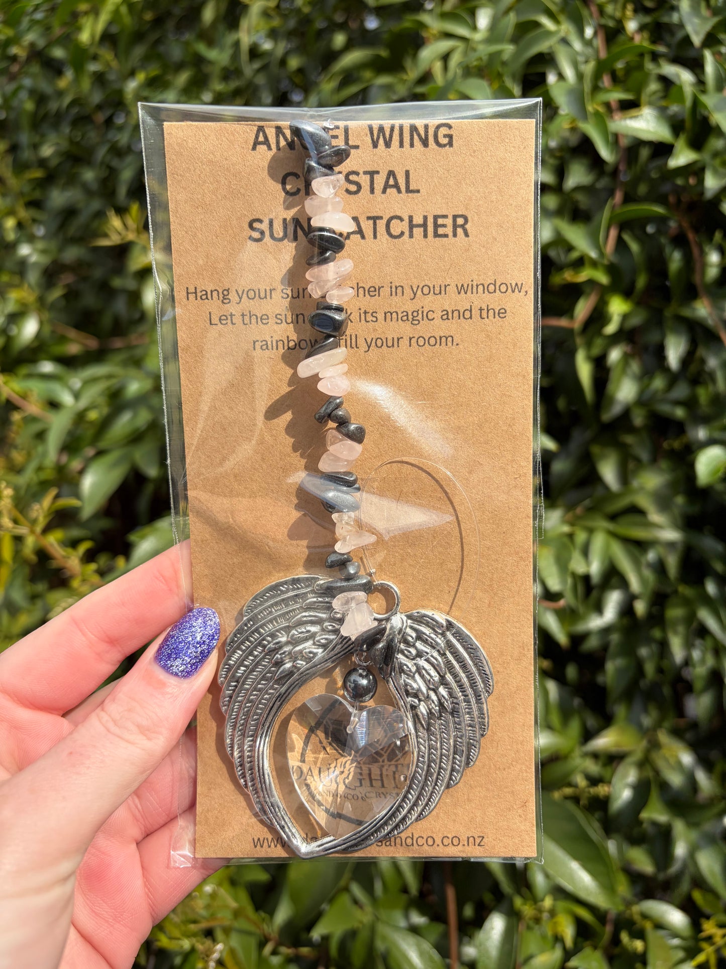 Hematite & Rose Quartz | Angel Wing Heart Sun Catcher