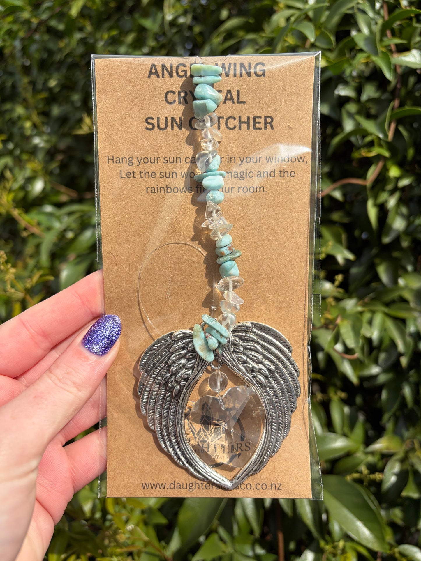 Larimar & Clear Quartz | Angel Wing Heart Sun Catcher